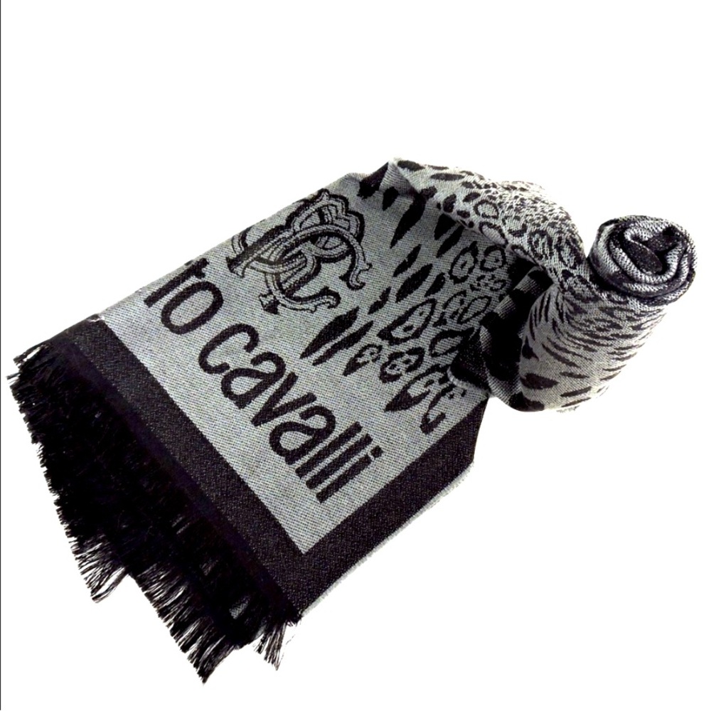Roberto Cavalli Logo Animal Print Wool Blend Knit Scarf Grey / Black.never worn